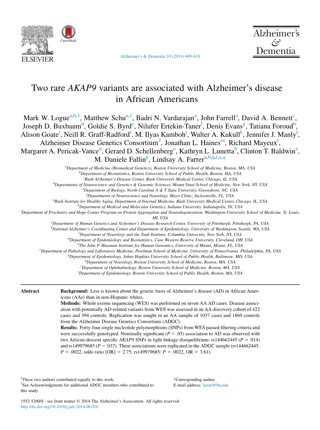 Two Rare AKAP9 Variants Are Associated with Alzheimer's Disease in African Americans