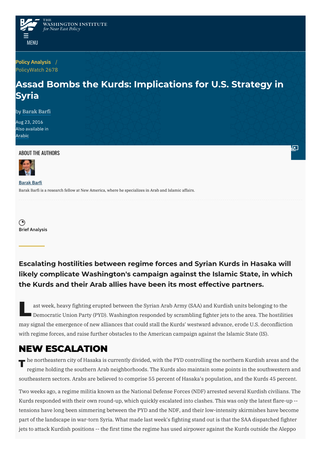 Assad Bombs the Kurds: Implications for U.S
