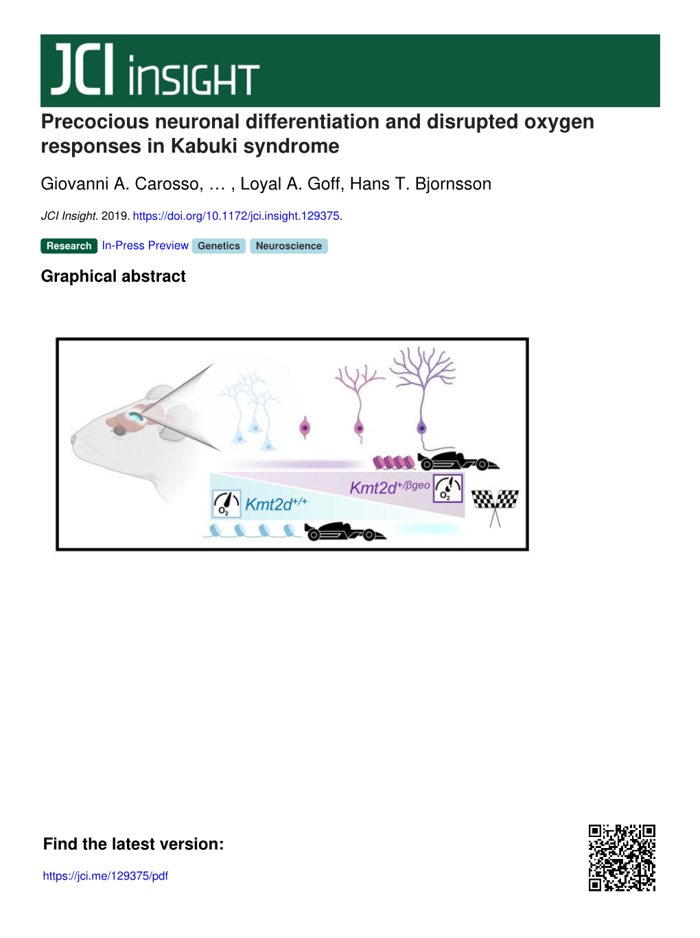 Precocious Neuronal Differentiation and Disrupted Oxygen Responses in Kabuki Syndrome