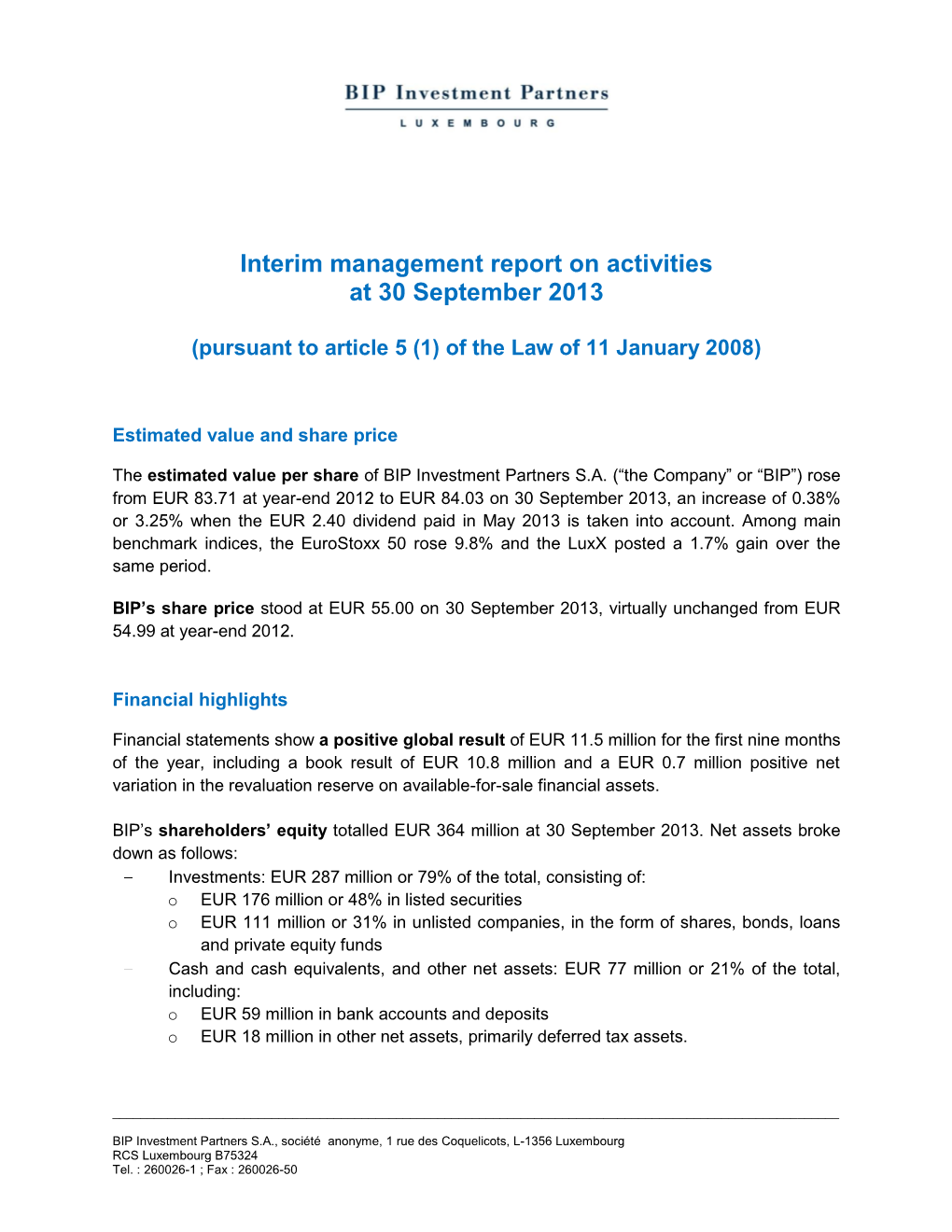 Interim Management Report on Activities at 30 September 2013