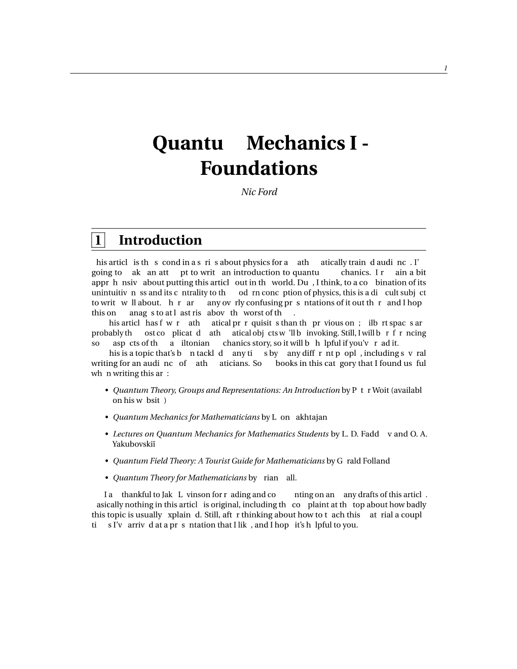 Quantum Mechanics I - Foundations Nic Ford