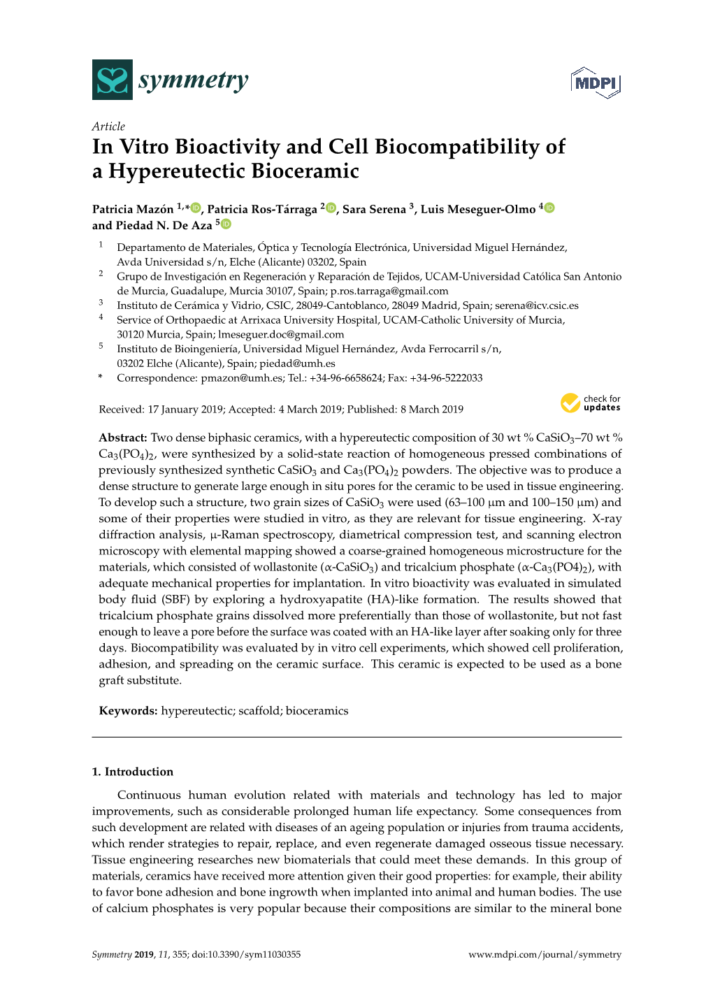 In Vitro Bioactivity and Cell Biocompatibility of a Hypereutectic Bioceramic