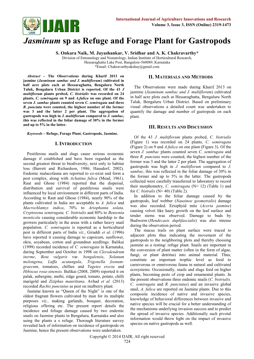 Jasminum Sp As Refuge and Forage Plant for Gastropods