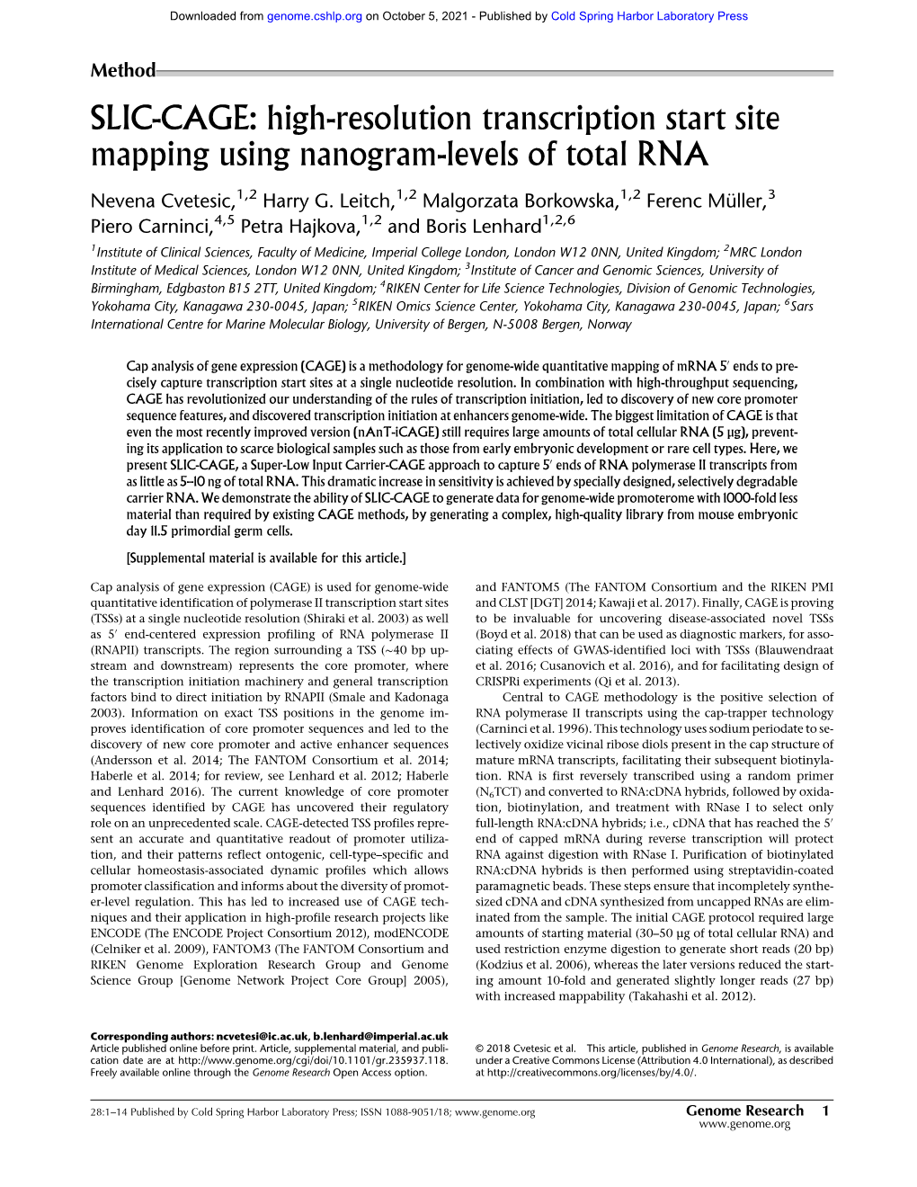 SLIC-CAGE: High-Resolution Transcription Start Site Mapping Using Nanogram-Levels of Total RNA
