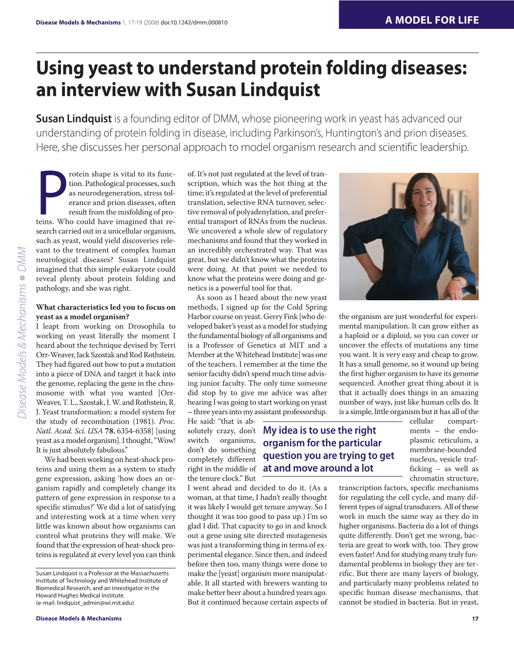 Using Yeast to Understand Protein Folding Diseases: an Interview with Susan Lindquist