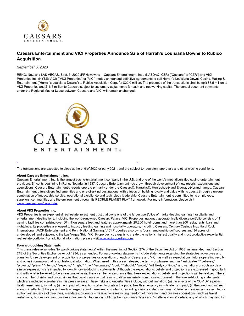 Caesars Entertainment and VICI Properties Announce Sale of Harrah's Louisiana Downs to Rubico Acquisition