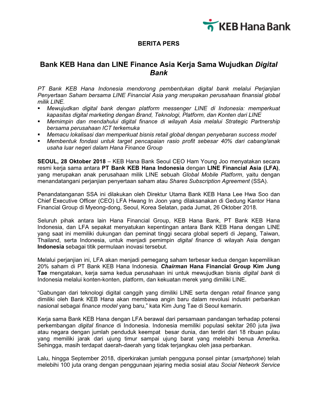 Bank KEB Hana Dan LINE Finance Asia Kerja Sama Wujudkan Digital Bank