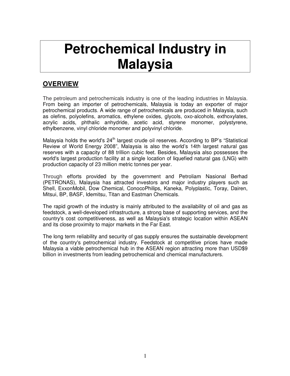 Petrochemical Industry in Malaysia