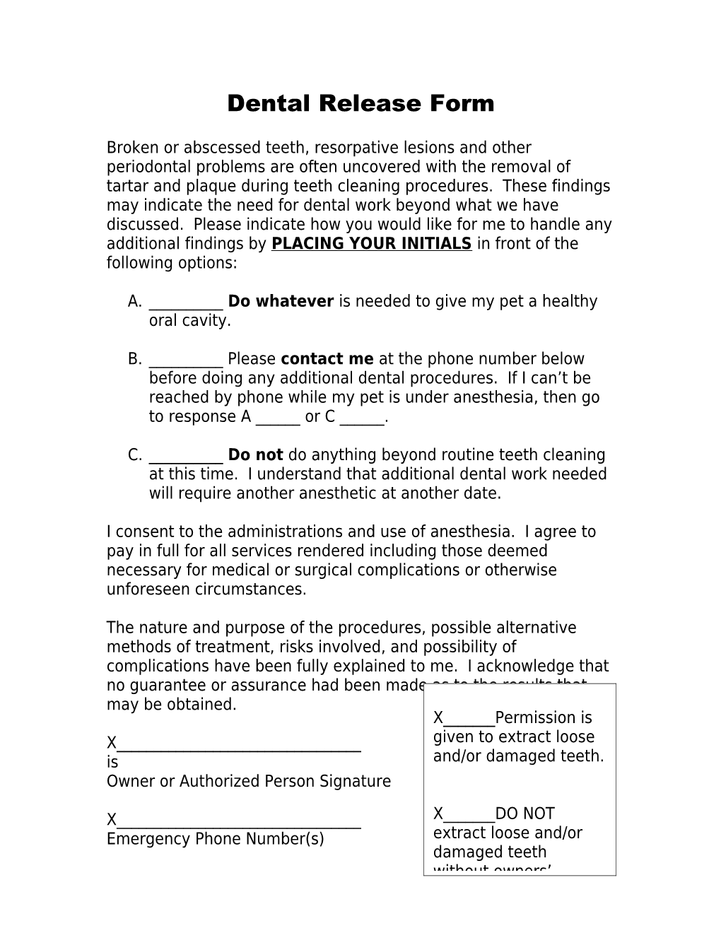 Dental Release Form