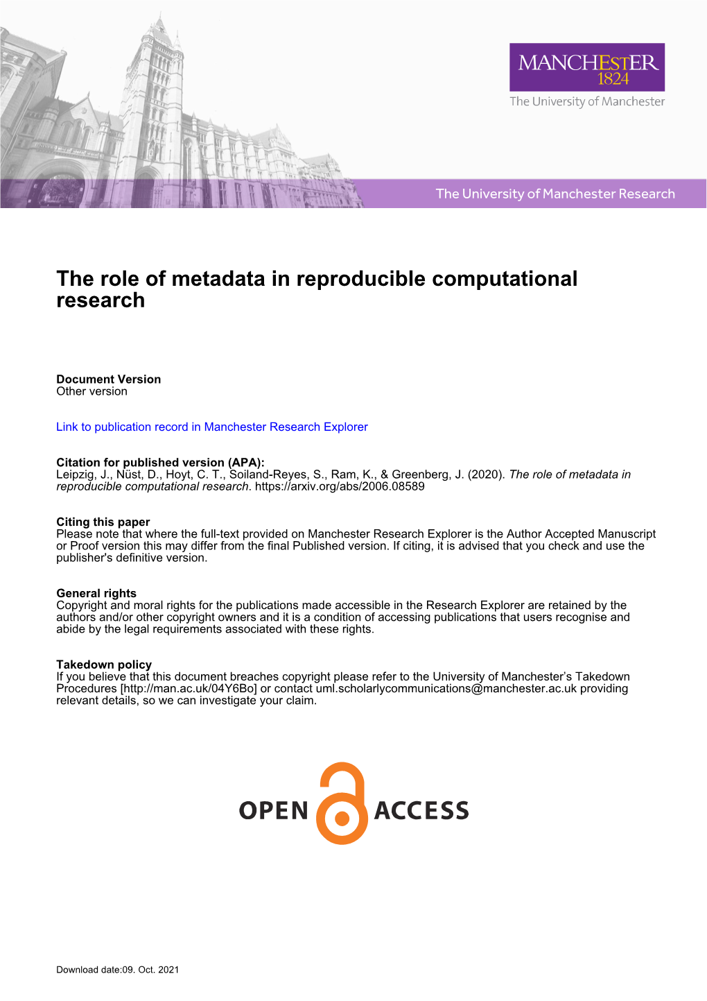 The Role of Metadata in Reproducible Computational Research