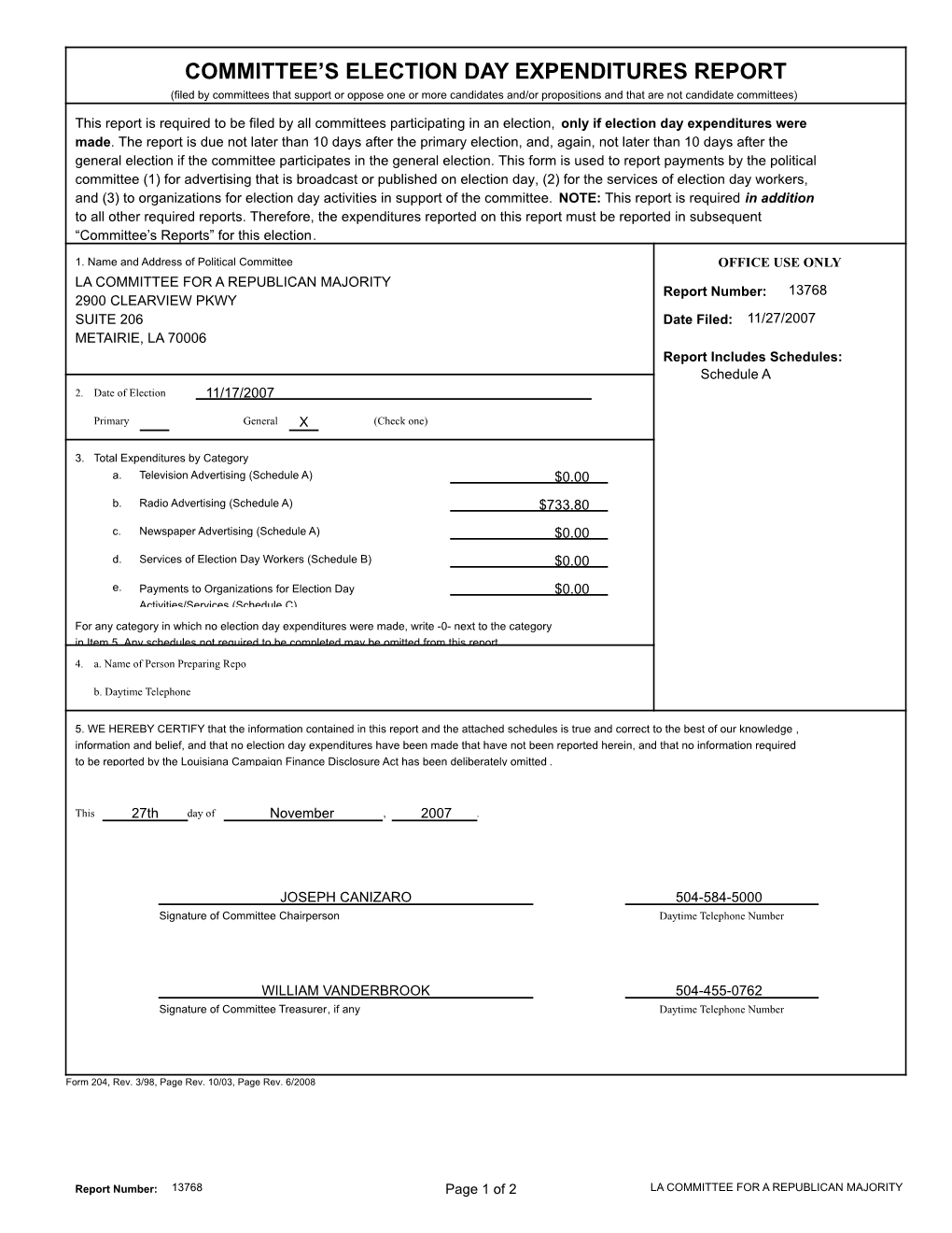 Committee's Election Day Expenditures Report