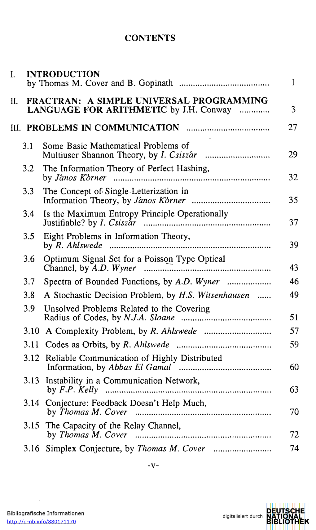 CONTENTS I. INTRODUCTION by Thomas M. Cover and B. Gopinath