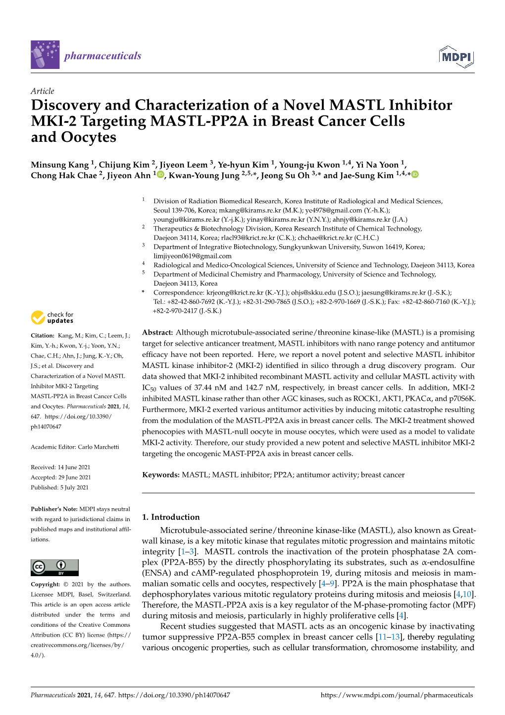 Discovery and Characterization of a Novel MASTL Inhibitor MKI-2 Targeting MASTL-PP2A in Breast Cancer Cells and Oocytes