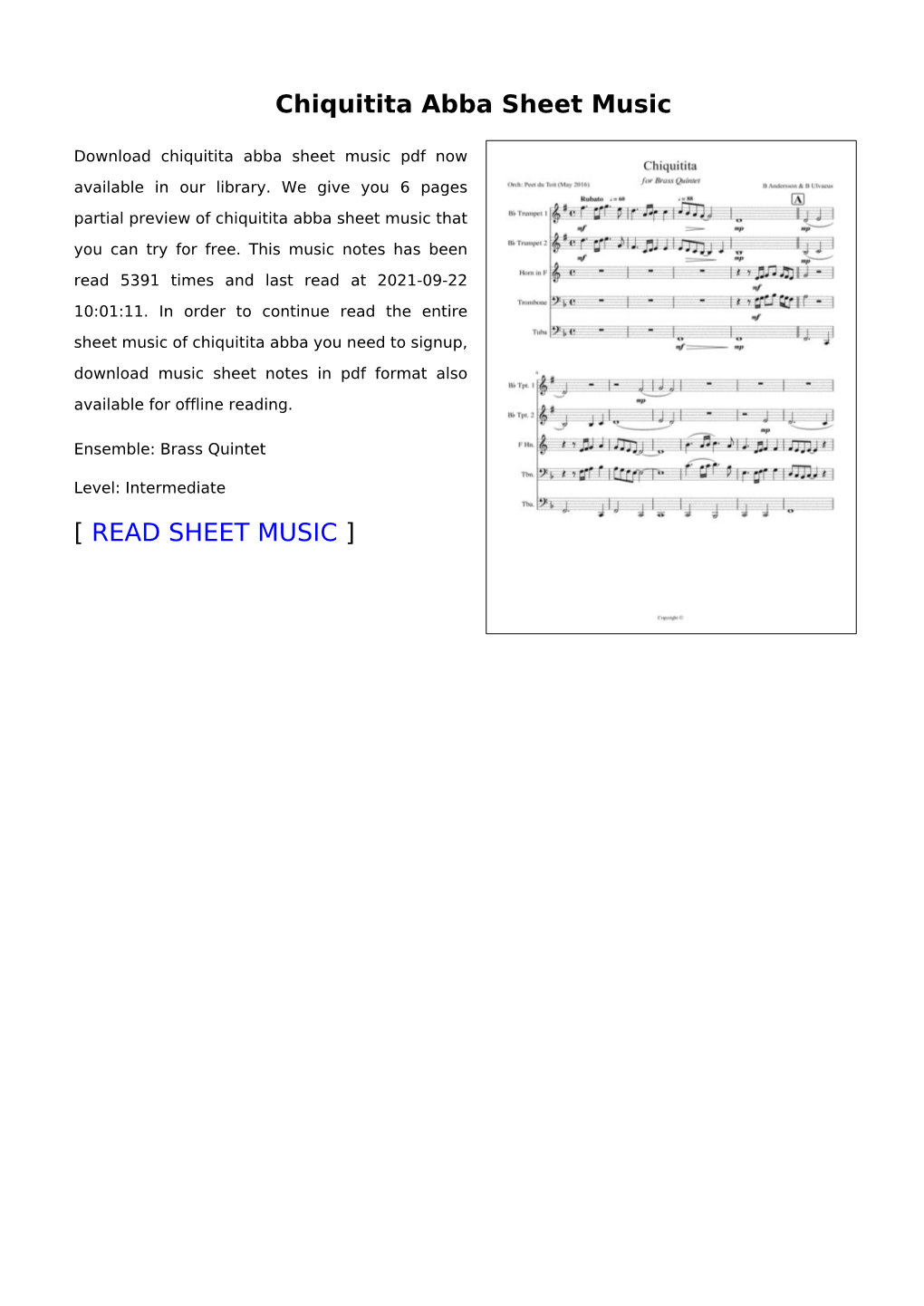 Chiquitita Abba Sheet Music