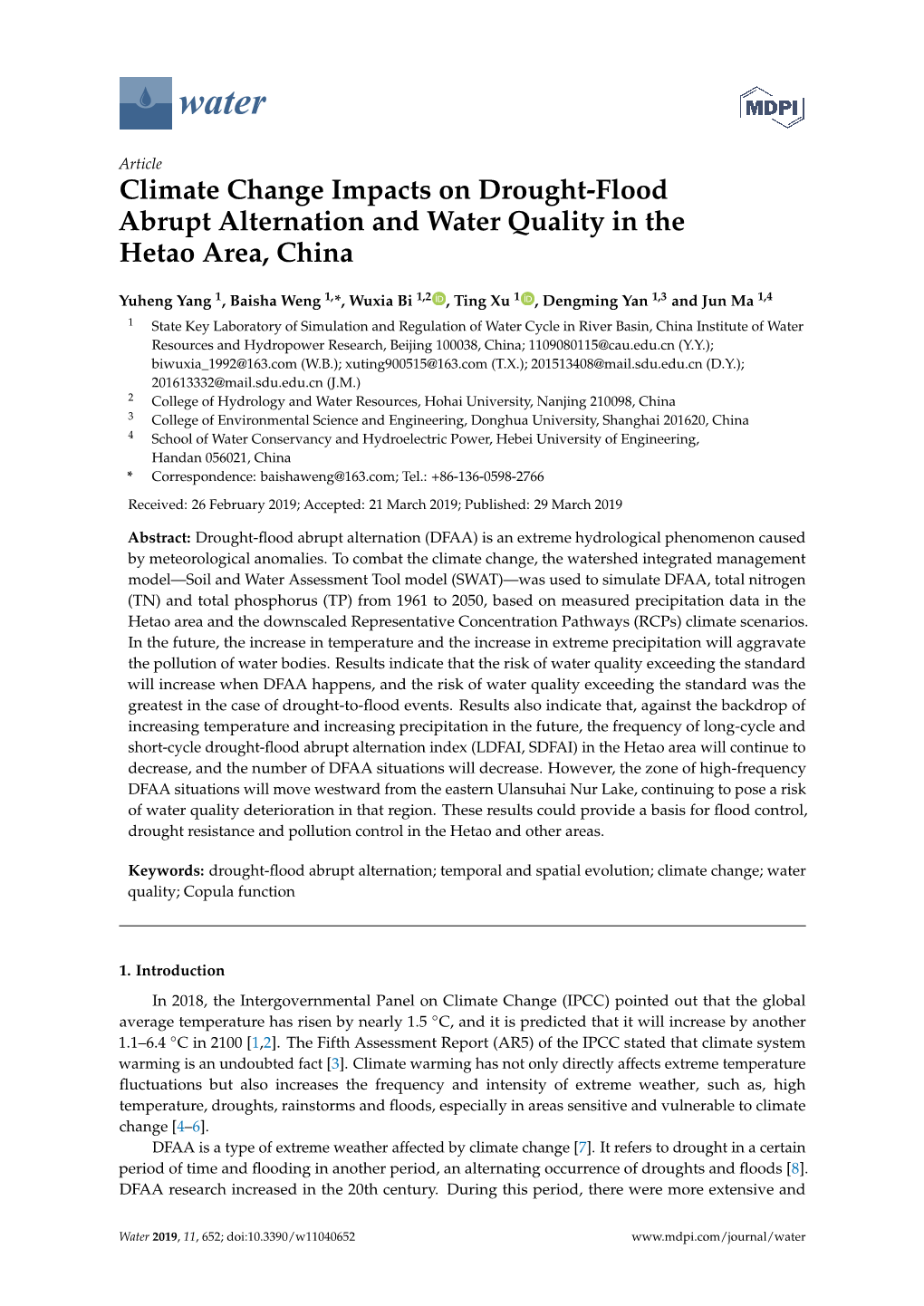 Climate Change Impacts on Drought-Flood Abrupt Alternation and Water Quality in the Hetao Area, China