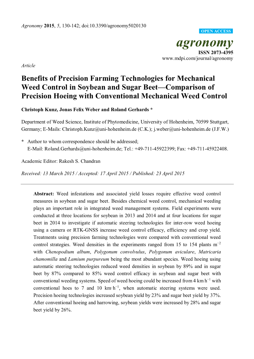 Benefits of Precision Farming Technologies for Mechanical Weed