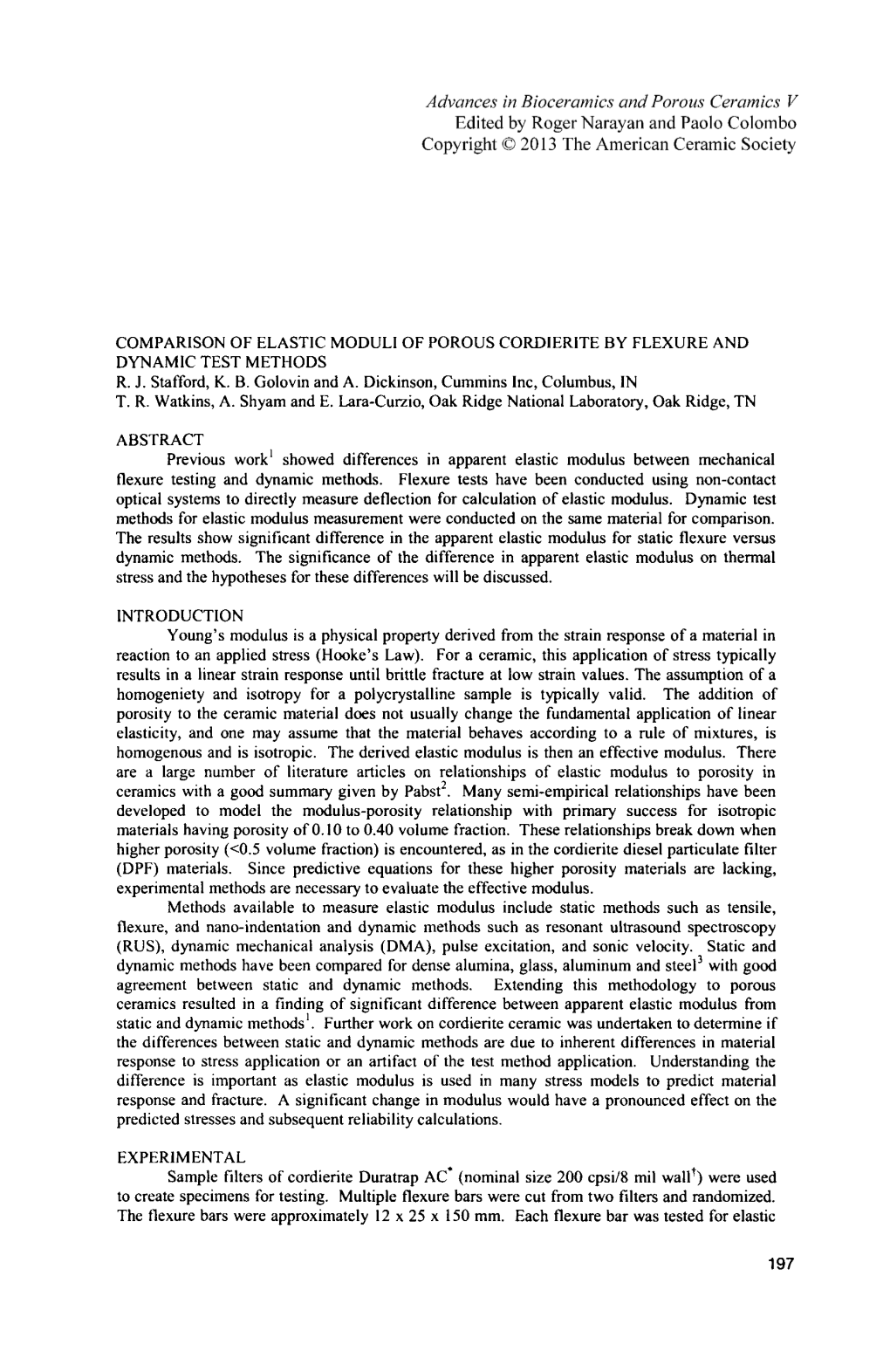 Comparison of Elastic Moduli of Porous Cordierite by Flexure and Dynamic Test Methods R