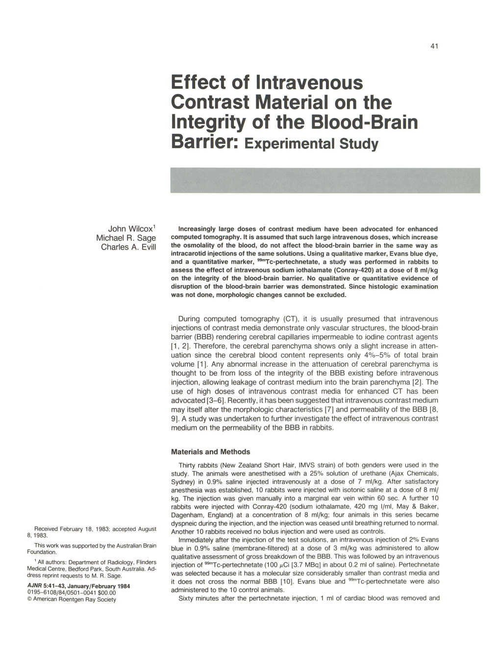 Effect of Intravenous Contrast Material on the Integrity of the Blood-Brain Barrier: Experimental Study