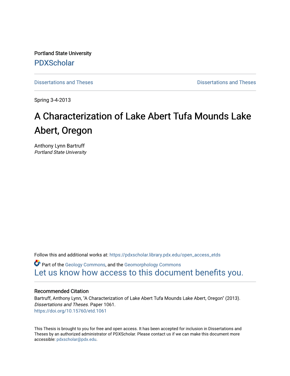 A Characterization of Lake Abert Tufa Mounds Lake Abert, Oregon