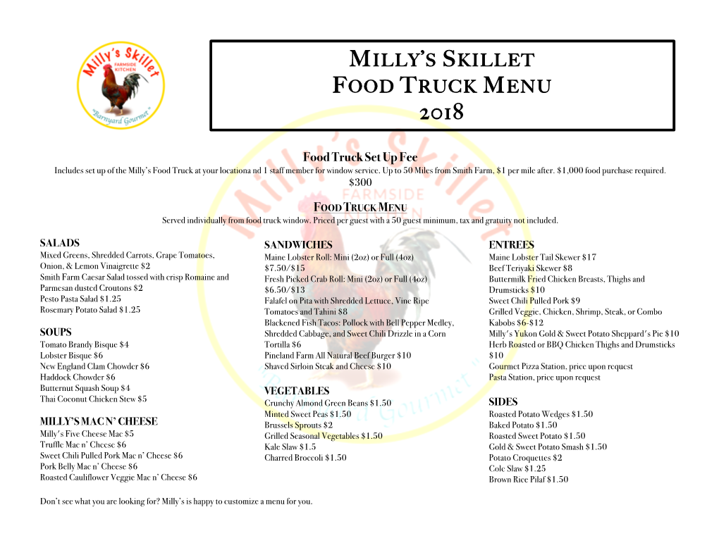 Milly's Skillet Food Truck Menu