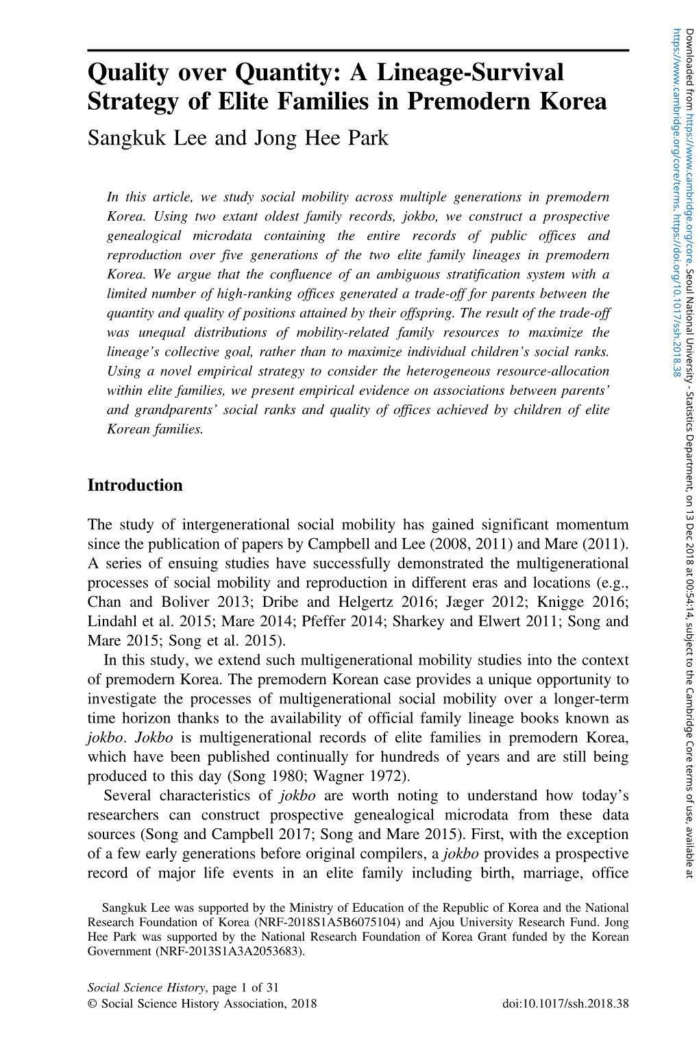 A Lineage-Survival Strategy of Elite Families in Premodern Korea