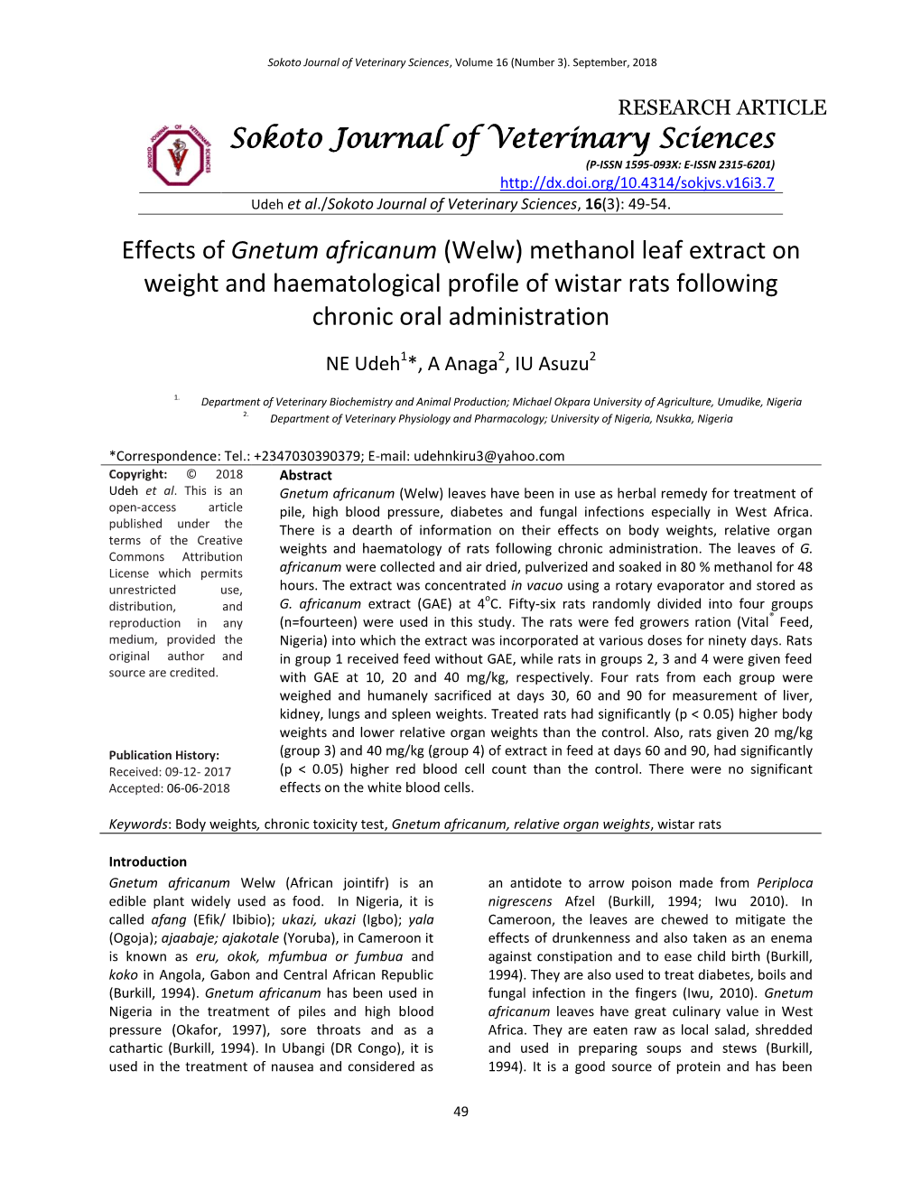 Gnetum Africanum (Welw) Methanol Leaf Extract on Weight and Haematological Profile of Wistar Rats Following Chronic Oral Administration