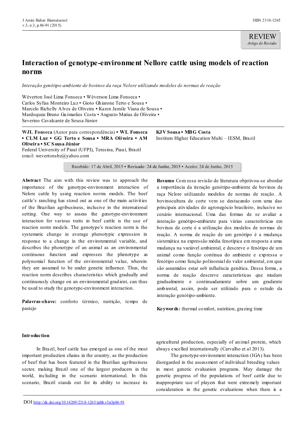 Interaction of Genotype-Environment Nellore Cattle Using Models of Reaction Norms