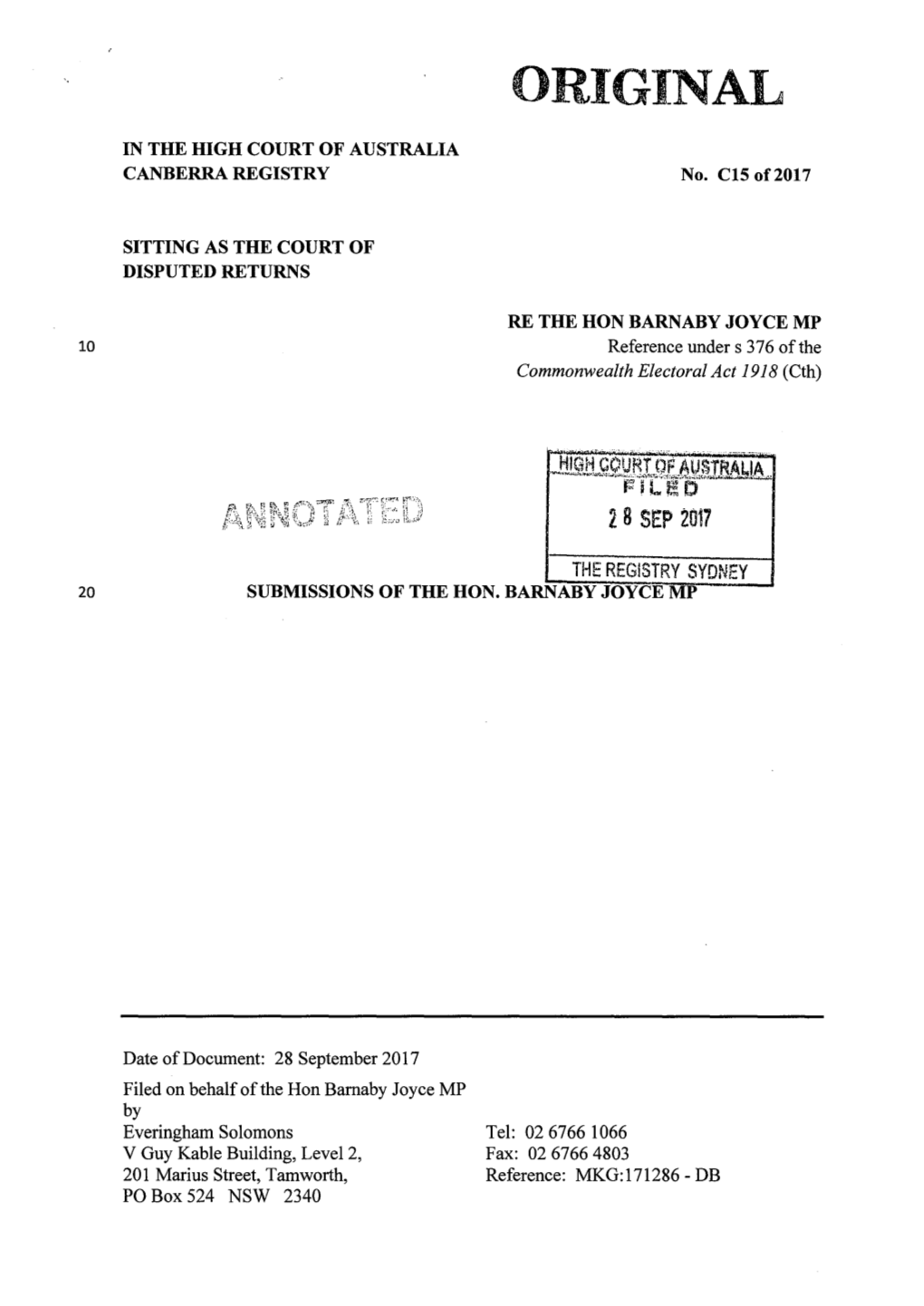 BARNABY JOYCE MP 10 Reference Under S 376 Ofthe Commonwealth Electoral Act 1918 (Cth)