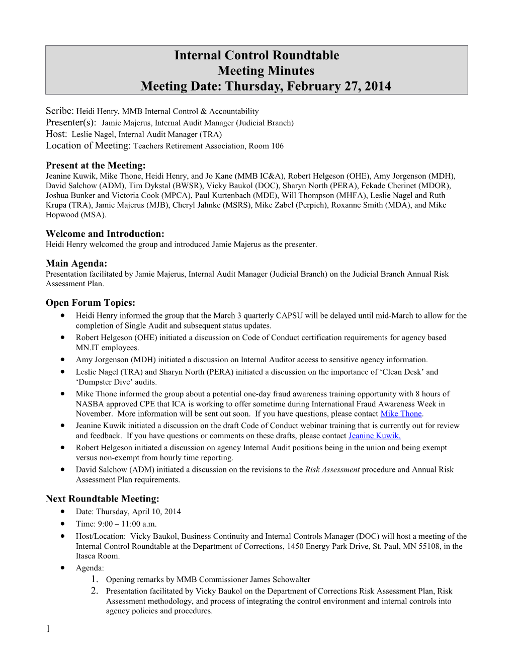 February 27, 2014 Internal Control Roundtable Meeting Minutes