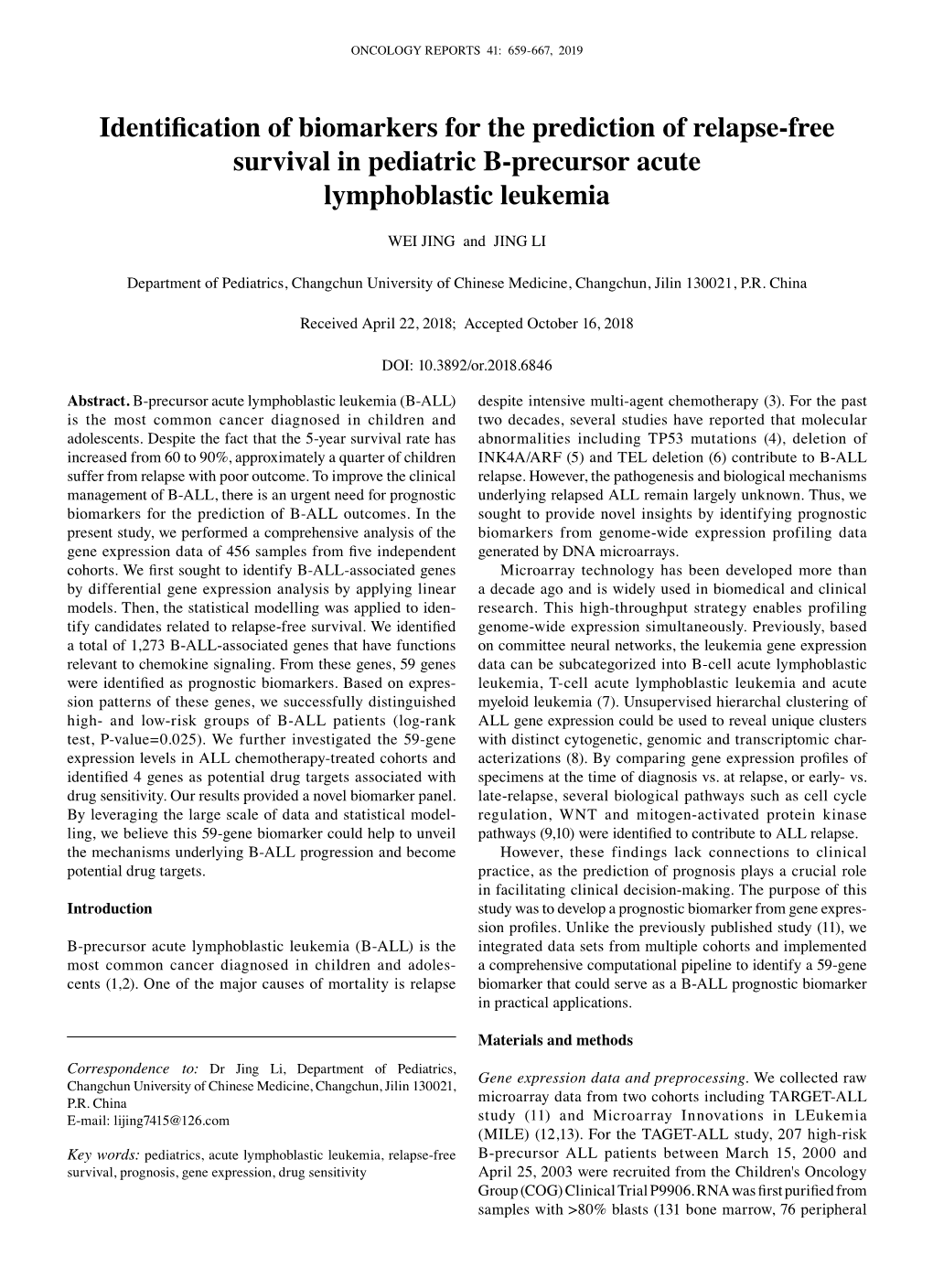 Identification of Biomarkers for the Prediction of Relapse‑Free Survival in Pediatric B‑Precursor Acute Lymphoblastic Leukemia