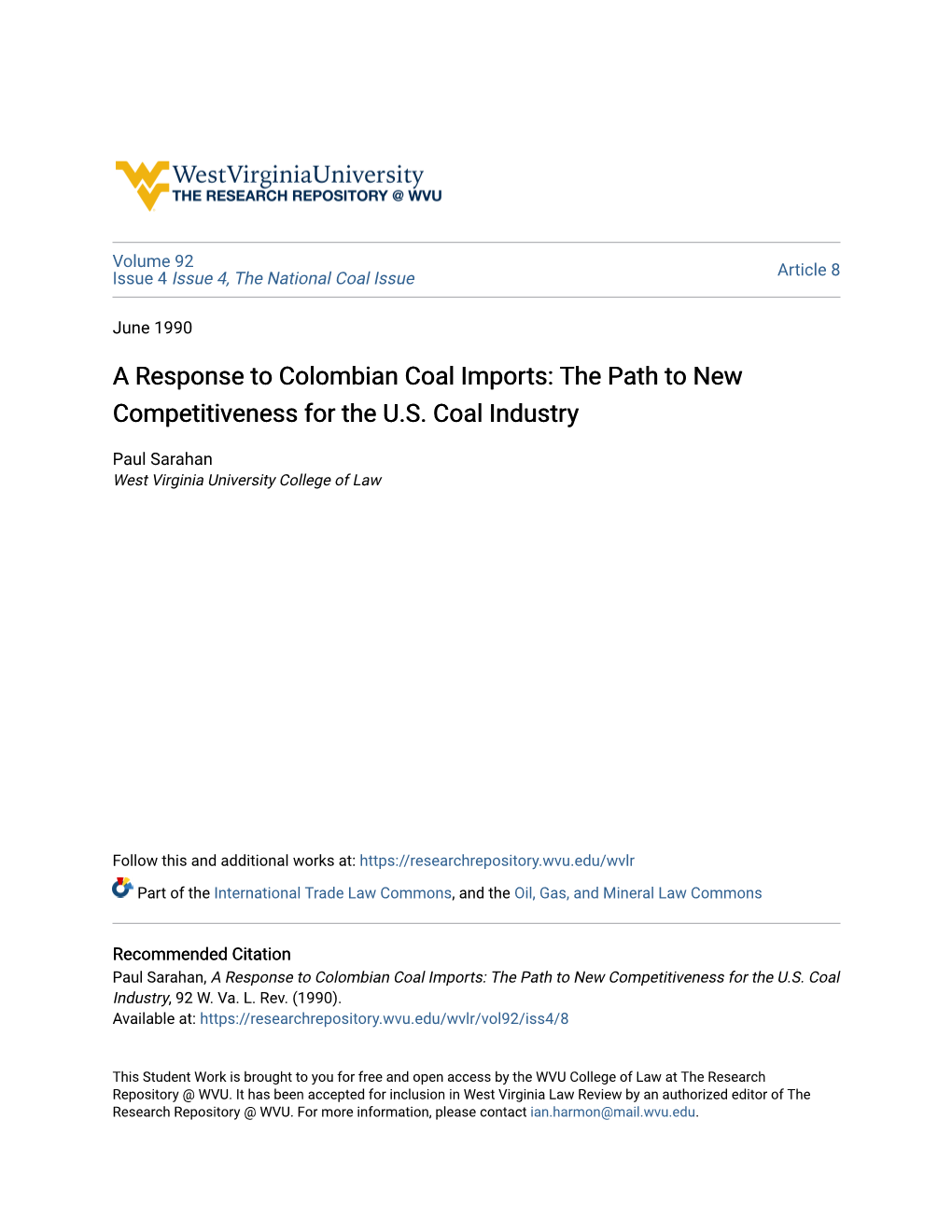 A Response to Colombian Coal Imports: the Path to New Competitiveness for the U.S