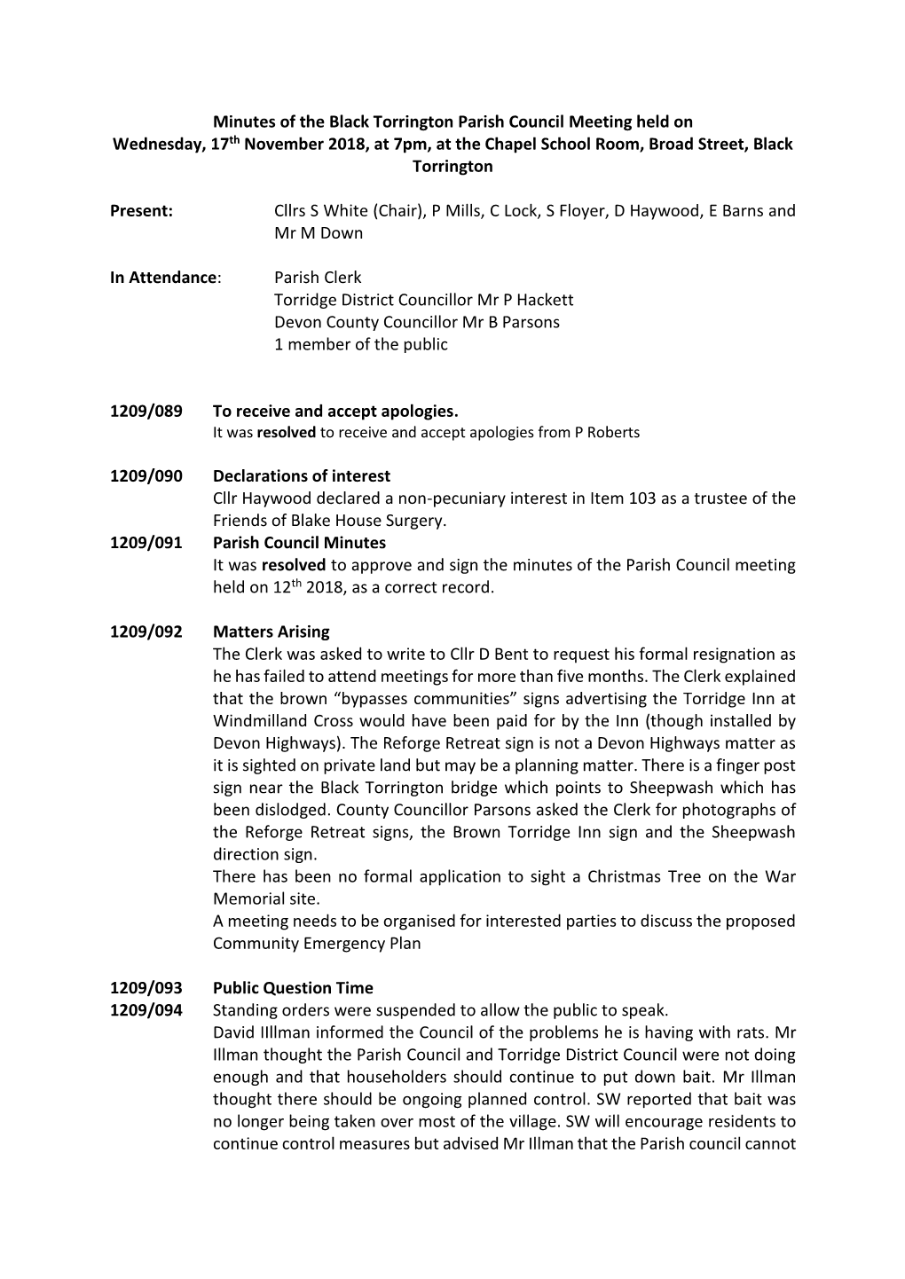 Minutes of the Black Torrington Parish Council Meeting Held on Wednesday, 17Th November 2018, at 7Pm, at the Chapel School Room, Broad Street, Black Torrington