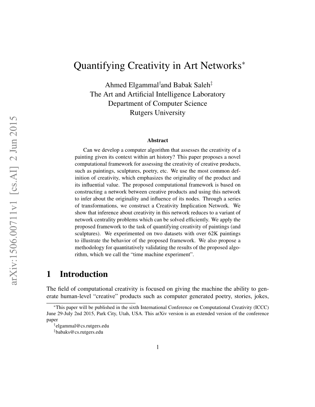 Quantifying Creativity in Art Networks Arxiv:1506.00711V1 [Cs.AI]