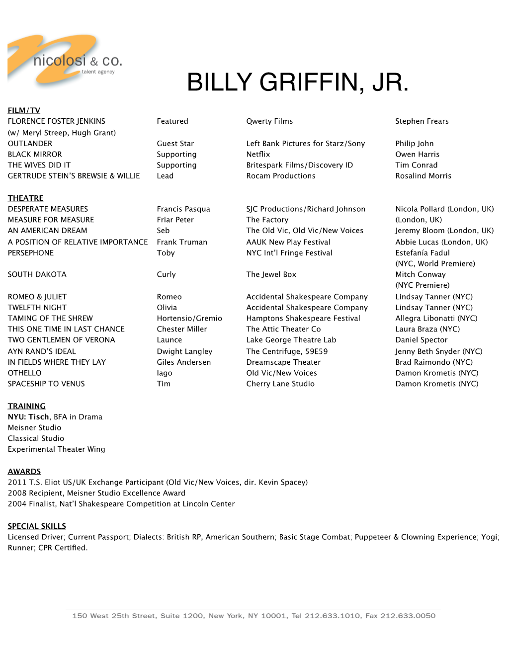 Billy Griffin Jr Agent Resume