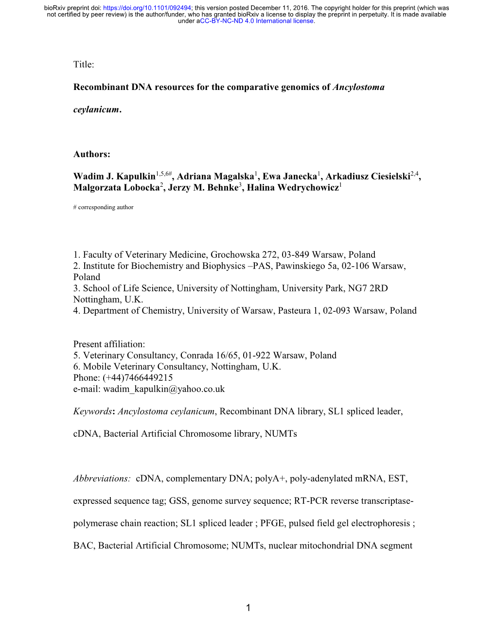 Recombinant DNA Resources for the Comparative Genomics of Ancylostoma Ceylanicum