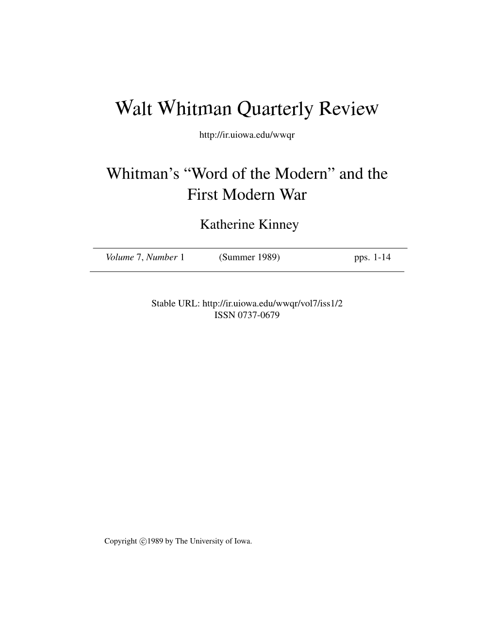 Walt Whitman Quarterly Review