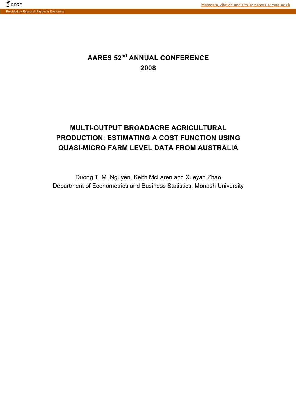 Multi-Output Broadacre Agricultural Production: Estimating a Cost Function Using Quasi-Micro Farm Level Data from Australia