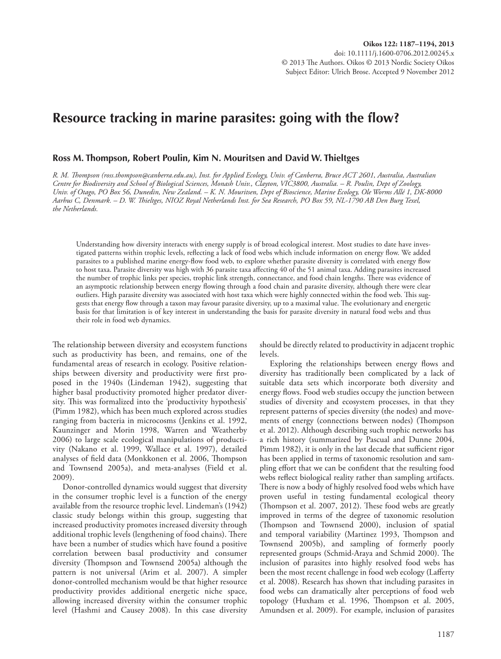 Resource Tracking in Marine Parasites: Going with the ﬂ Ow?