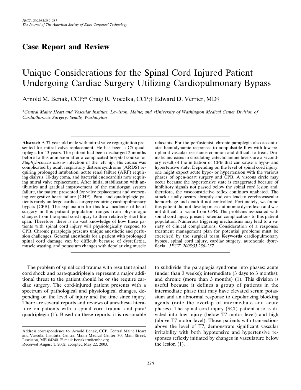 Unique Considerations for the Spinal Cord Injured Patient Undergoing Cardiac Surgery Utilizing Cardiopulmonary Bypass