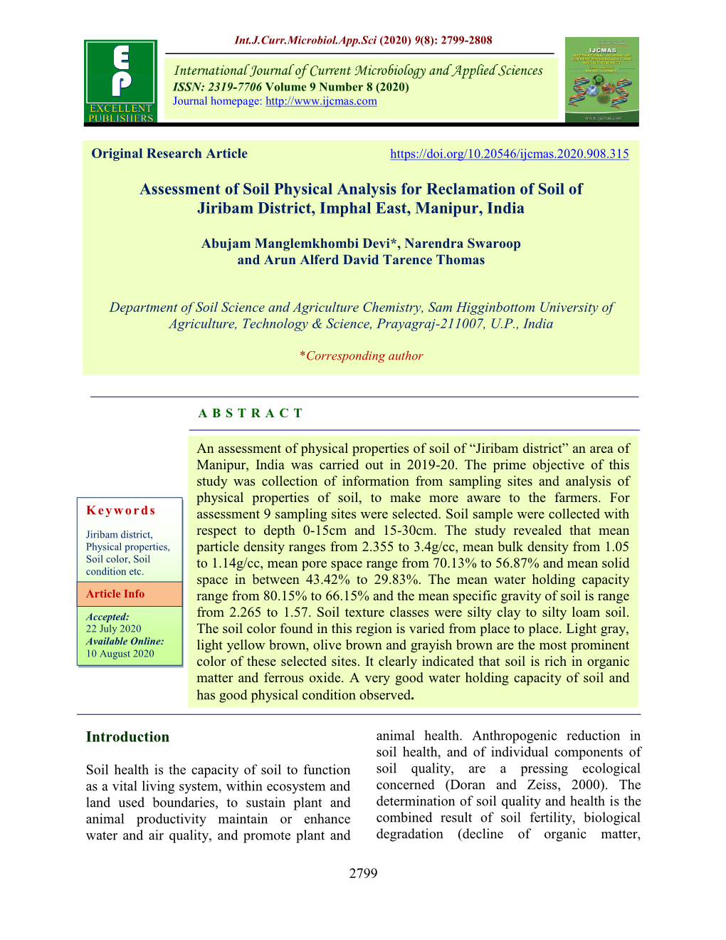 Assessment of Soil Physical Analysis for Reclamation of Soil of Jiribam District, Imphal East, Manipur, India