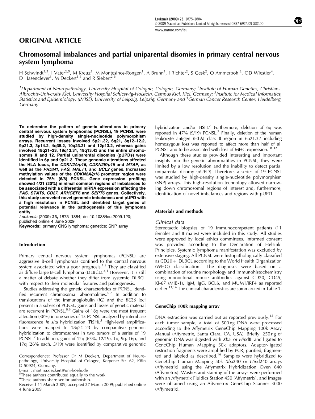 Chromosomal Imbalances and Partial Uniparental Disomies in Primary Central Nervous System Lymphoma