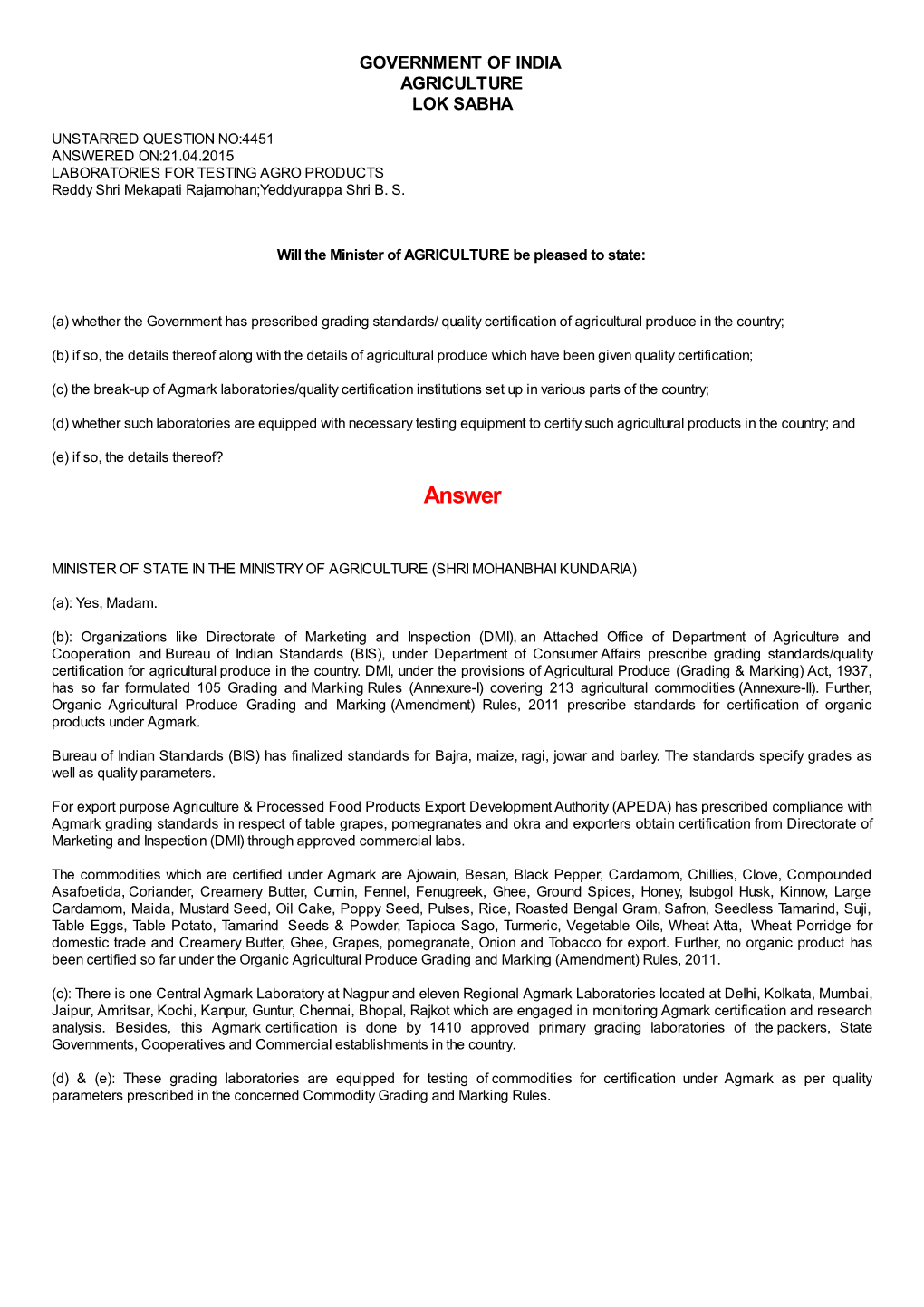 ANSWERED ON:21.04.2015 LABORATORIES for TESTING AGRO PRODUCTS Reddy Shri Mekapati Rajamohan;Yeddyurappa Shri B