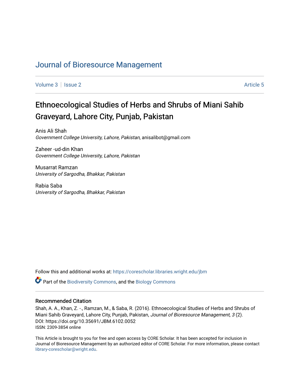 Ethnoecological Studies of Herbs and Shrubs of Miani Sahib Graveyard, Lahore City, Punjab, Pakistan