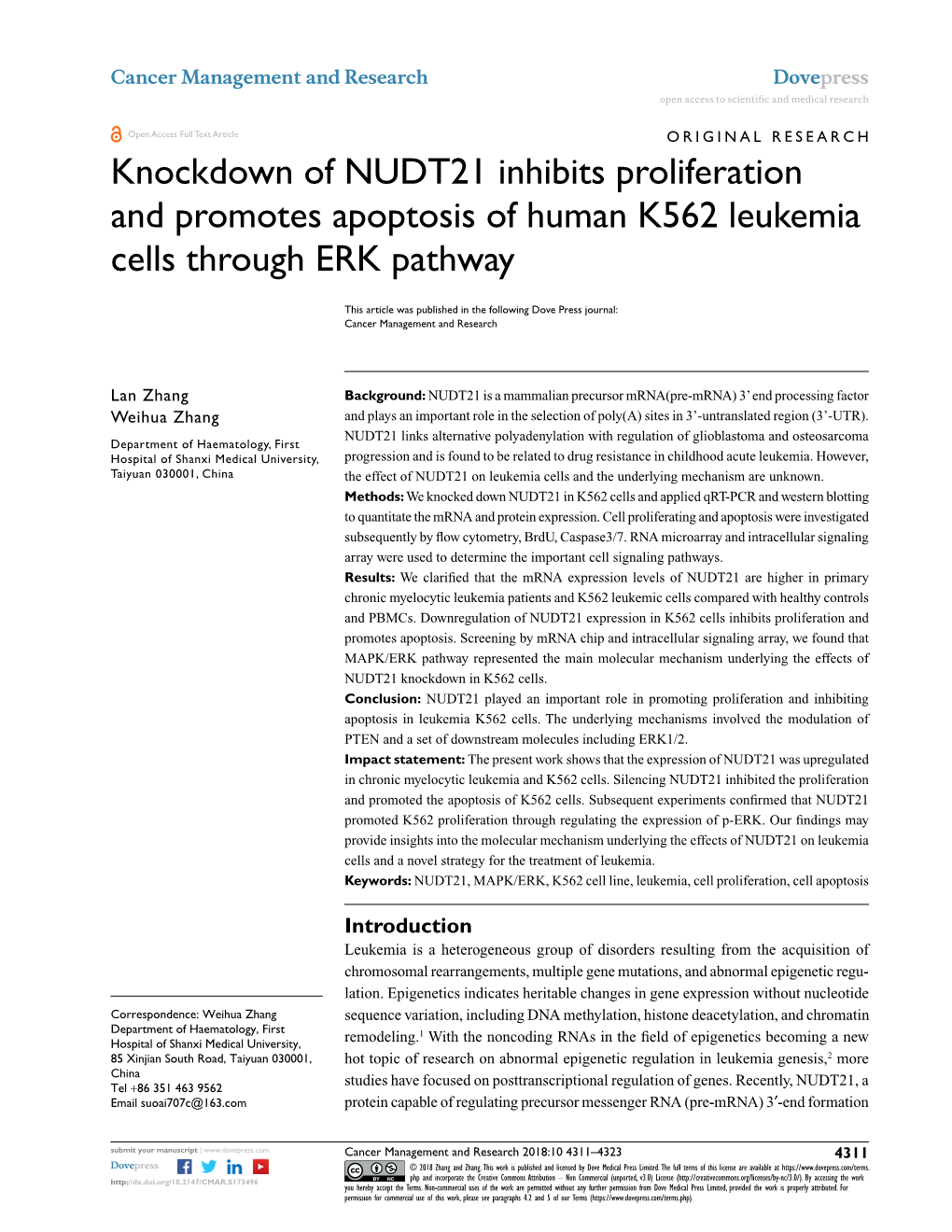 Knockdown of NUDT21 Inhibits Proliferation and Promotes Apoptosis of Human K562 Leukemia Cells Through ERK Pathway