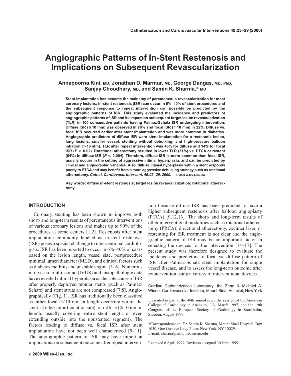 Angiographic Patterns of In-Stent Restenosis and Implications on Subsequent Revascularization