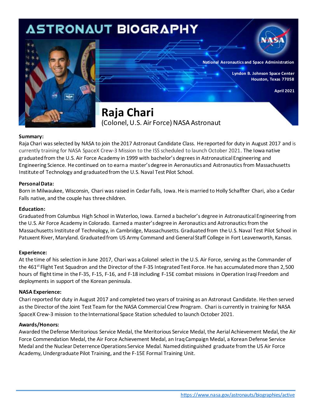 Raja Chari (Colonel, U.S