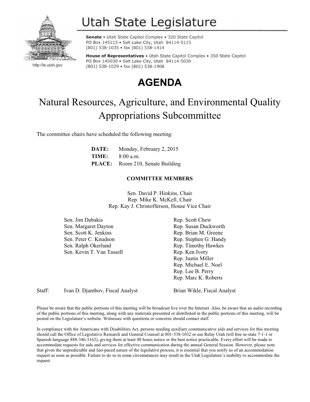 AGENDA Natural Resources, Agriculture, and Environmental Quality Appropriations Subcommittee