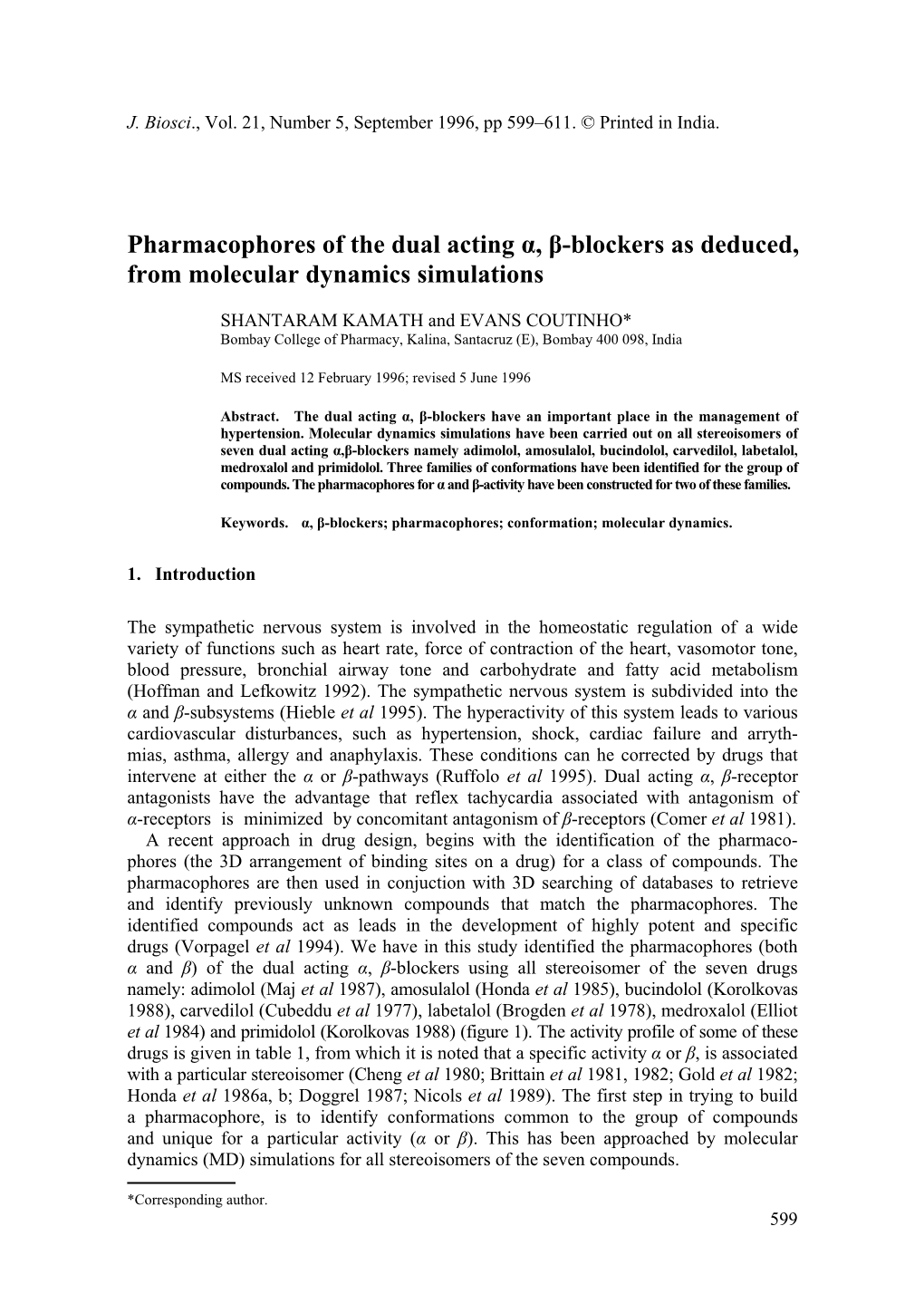 Pharmacophores of the Dual Acting α, β-Blockers As Deduced, from Molecular Dynamics Simulations