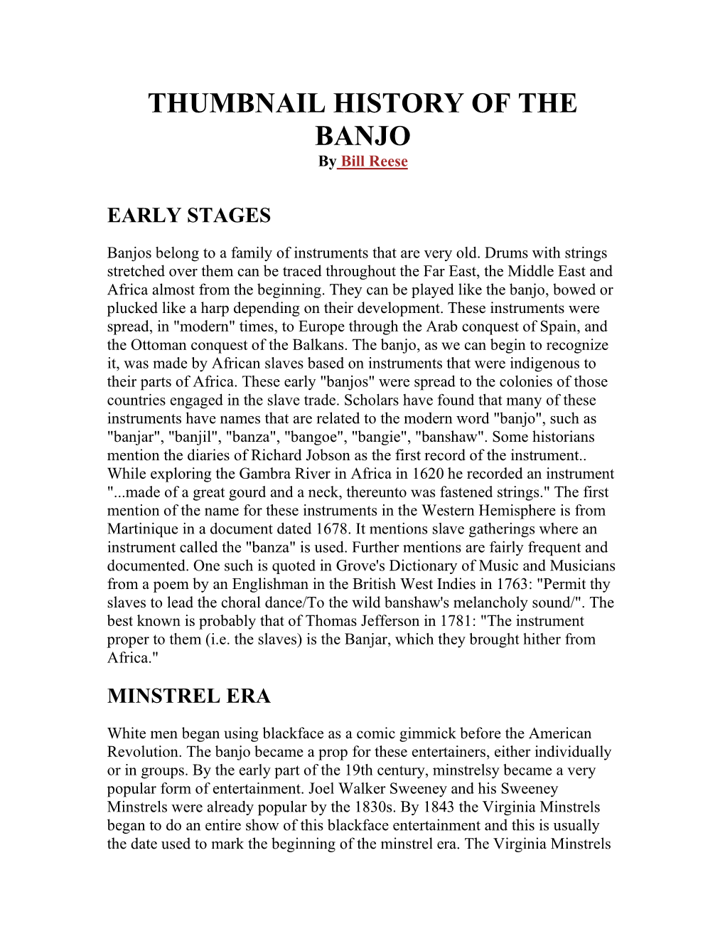 THUMBNAIL HISTORY of the BANJO by Bill Reese