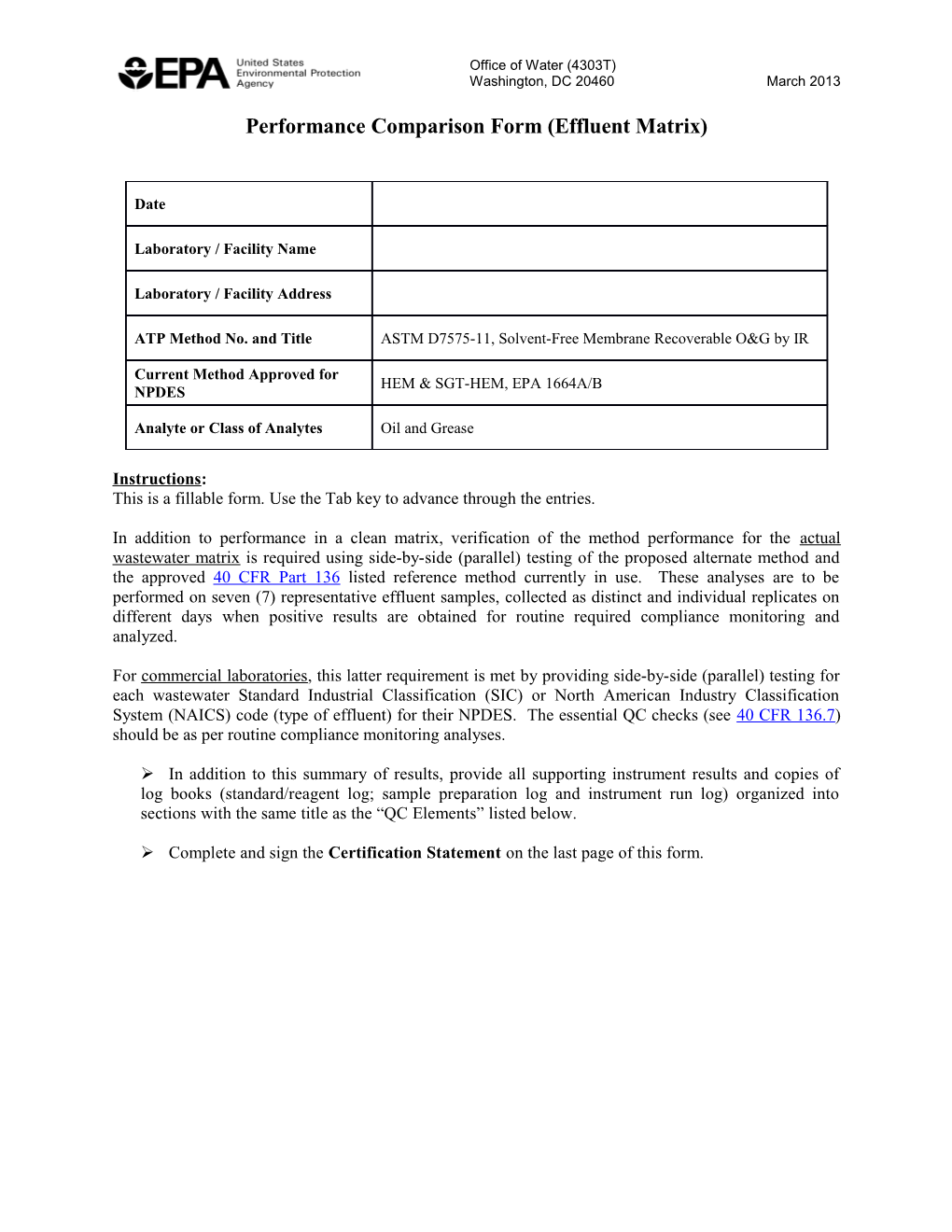 Performance Comparison Form (Effluent Matrix)